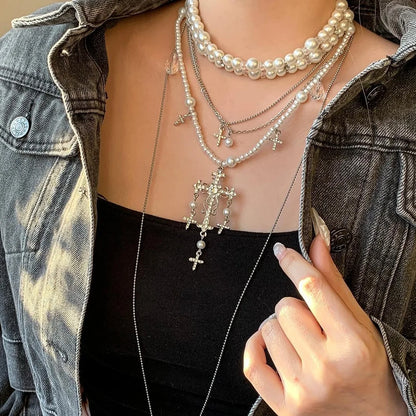 Accessories Layered Tassel Cross Pearl Choker