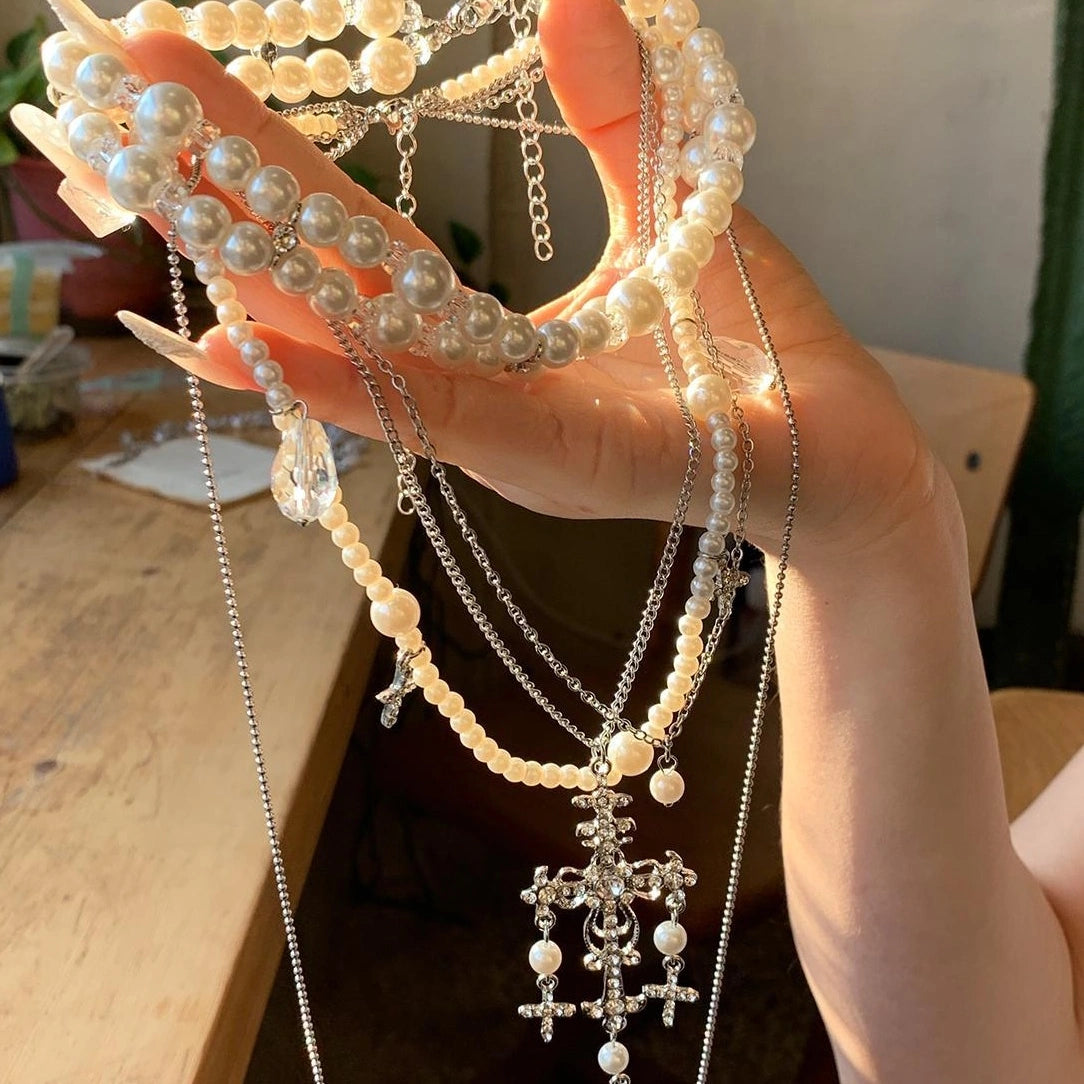 Accessories Layered Tassel Cross Pearl Choker