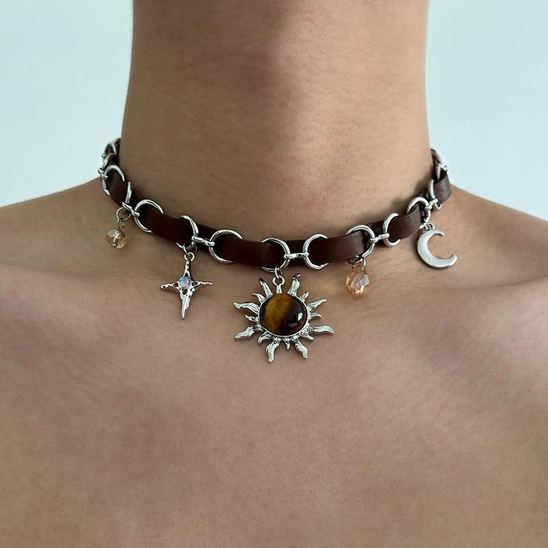 Accessories Leather Choker Necklace With Sun Pendant