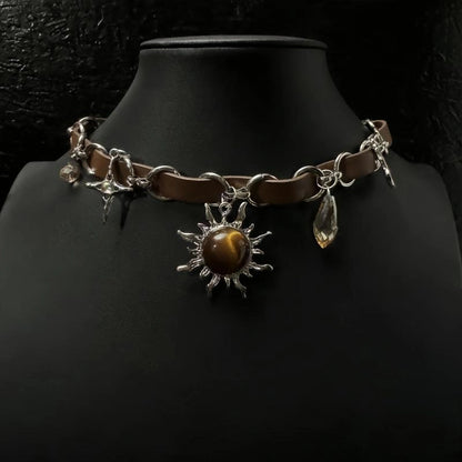 Accessories Leather Choker Necklace With Sun Pendant