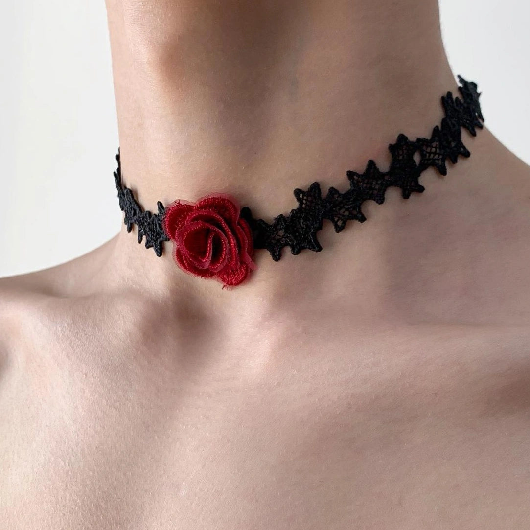 Accessories Long Black Lace Red Rose Tie Choker