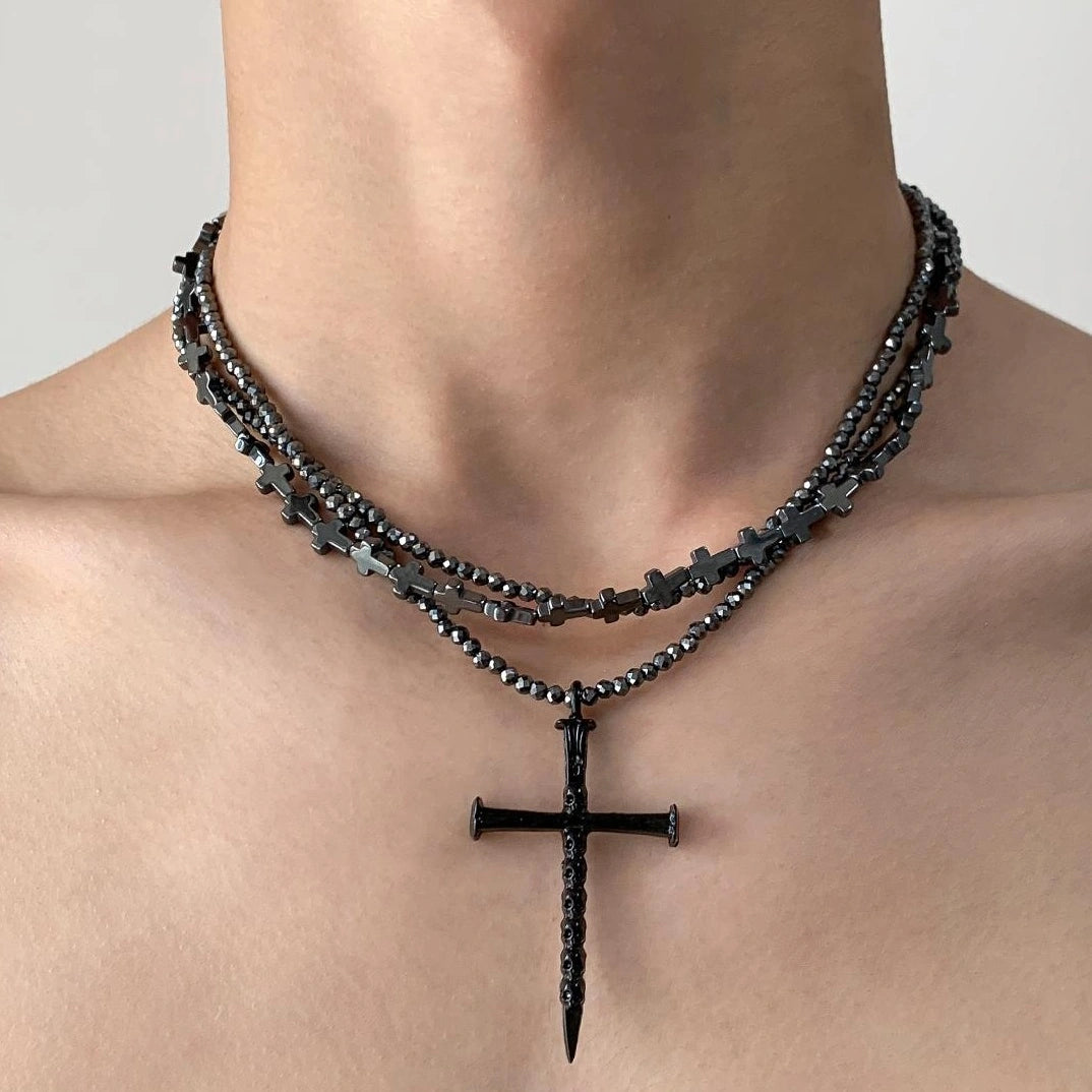 Accessories Multi Layer Black Obsidian Gothic Cross Choker Necklace