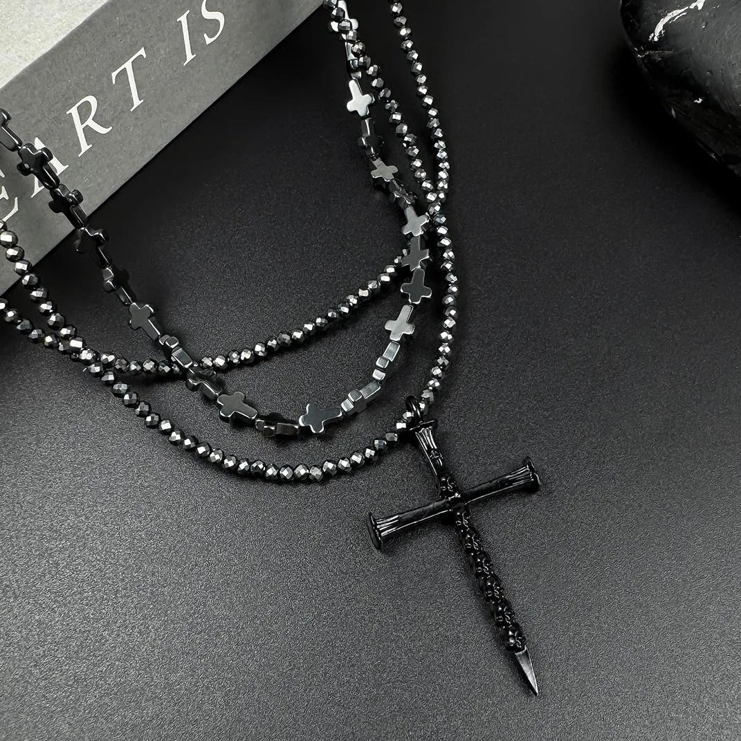 Accessories Multi Layer Black Obsidian Gothic Cross Choker Necklace