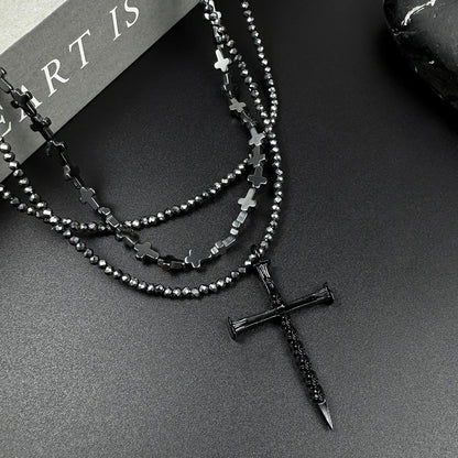 Accessories Multi Layer Black Obsidian Gothic Cross Choker Necklace