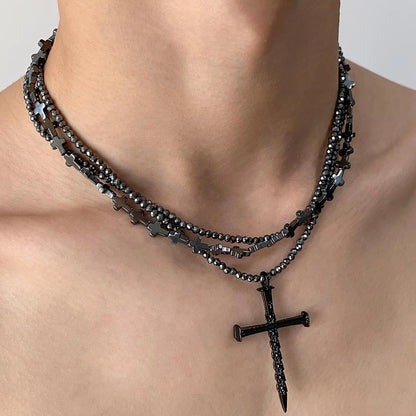 Accessories Multi Layer Black Obsidian Gothic Cross Choker Necklace