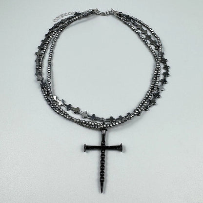 Accessories Multi Layer Black Obsidian Gothic Cross Choker Necklace