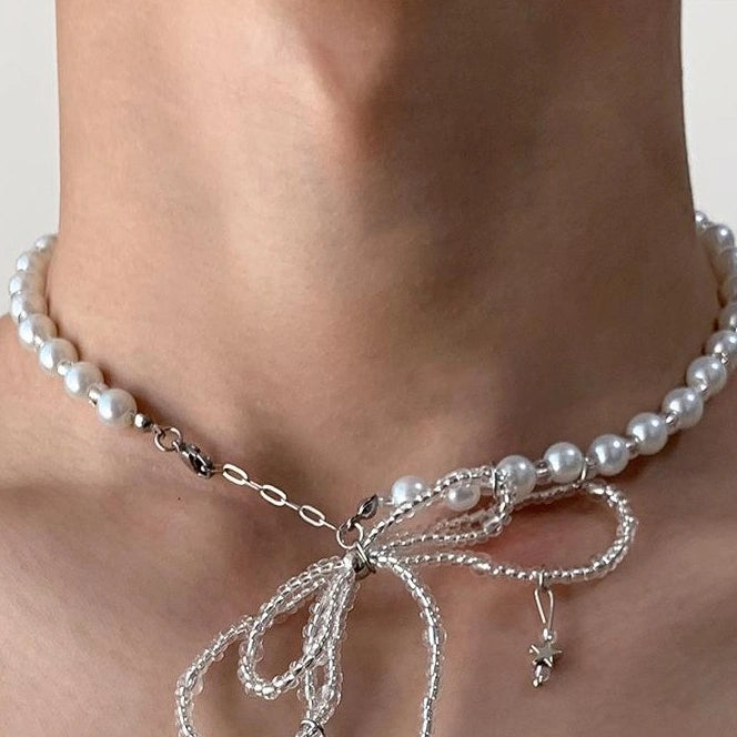 Accessories Pearl Bow Dangle Tassel Necklace