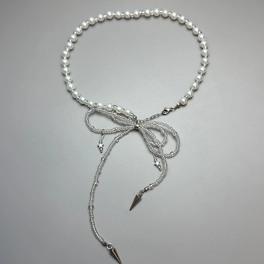 Accessories Pearl Bow Dangle Tassel Necklace