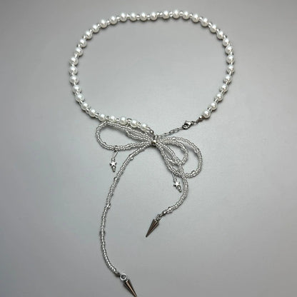 Accessories Pearl Bow Dangle Tassel Necklace