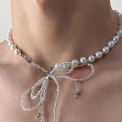 Accessories Pearl Bow Dangle Tassel Necklace