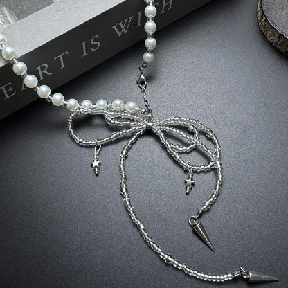 Accessories Pearl Bow Dangle Tassel Necklace