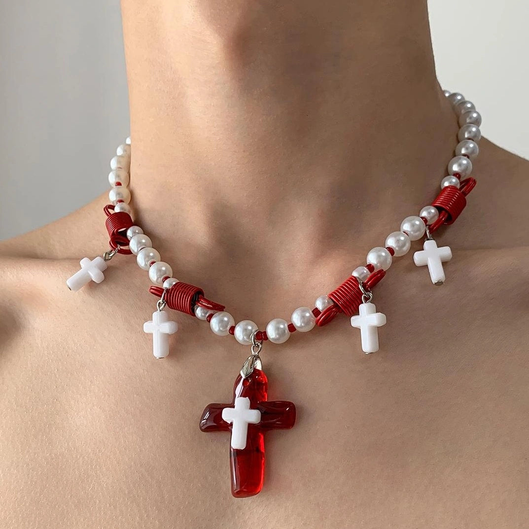 Accessories Pearl Cross Pendant Choker Necklace
