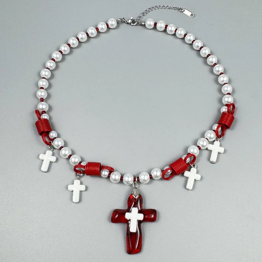 Accessories Pearl Cross Pendant Choker Necklace