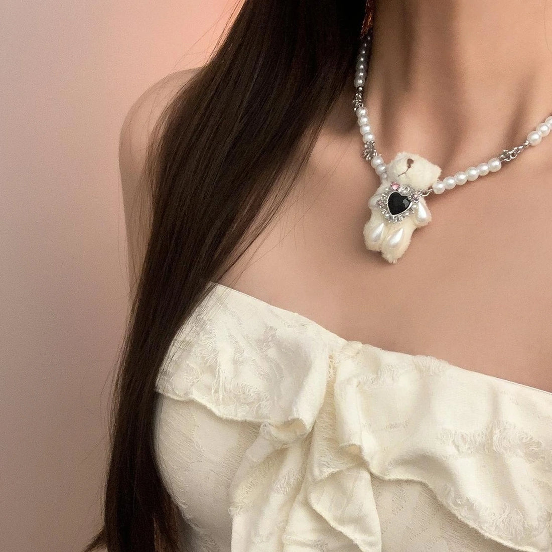 Accessories Pearl String Teddy Bear Choker Necklace