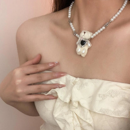 Accessories Pearl String Teddy Bear Choker Necklace
