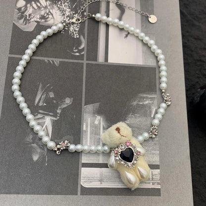 Accessories Pearl String Teddy Bear Choker Necklace