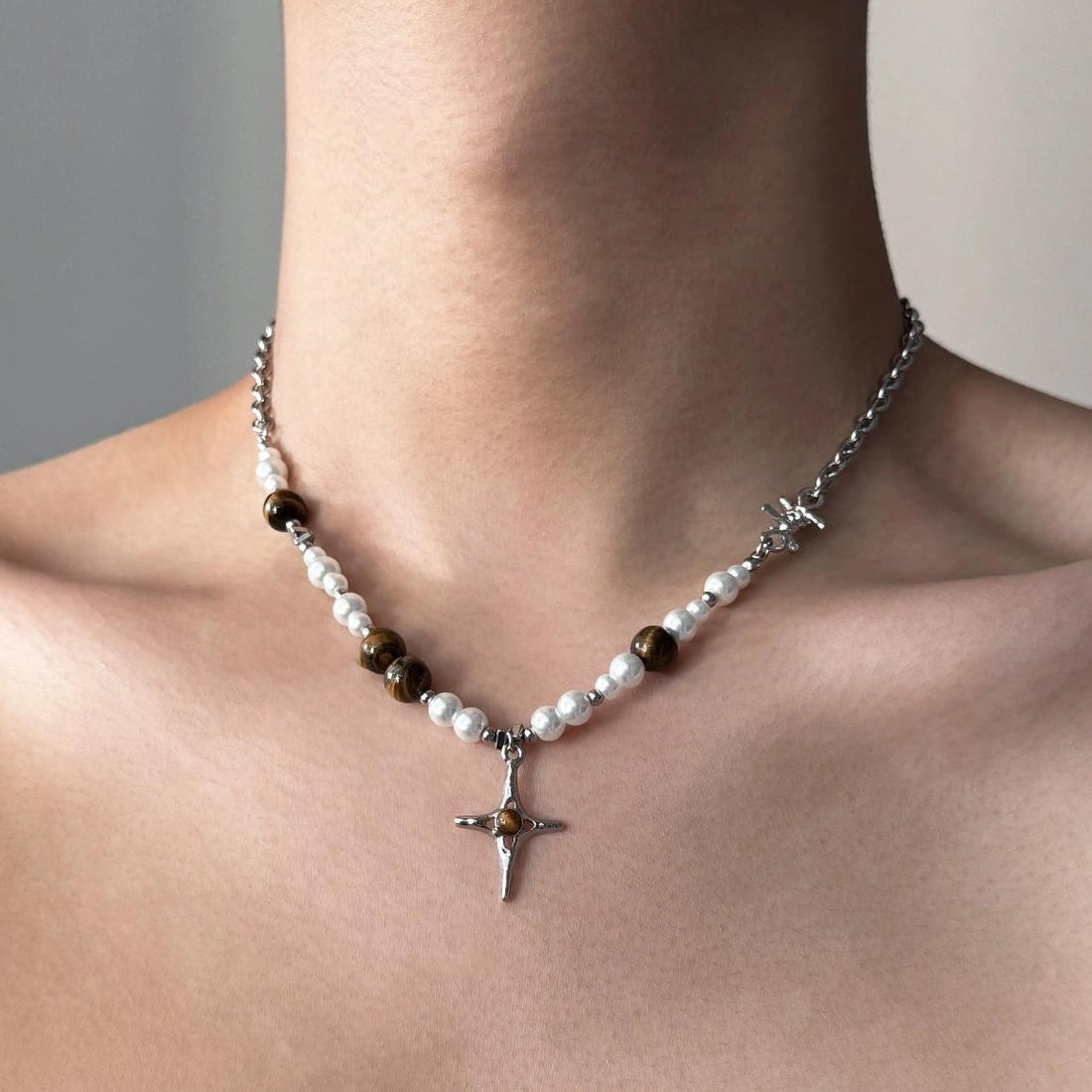 Accessories Pearl & Cat S Eye Cross Pendant Choker Necklace