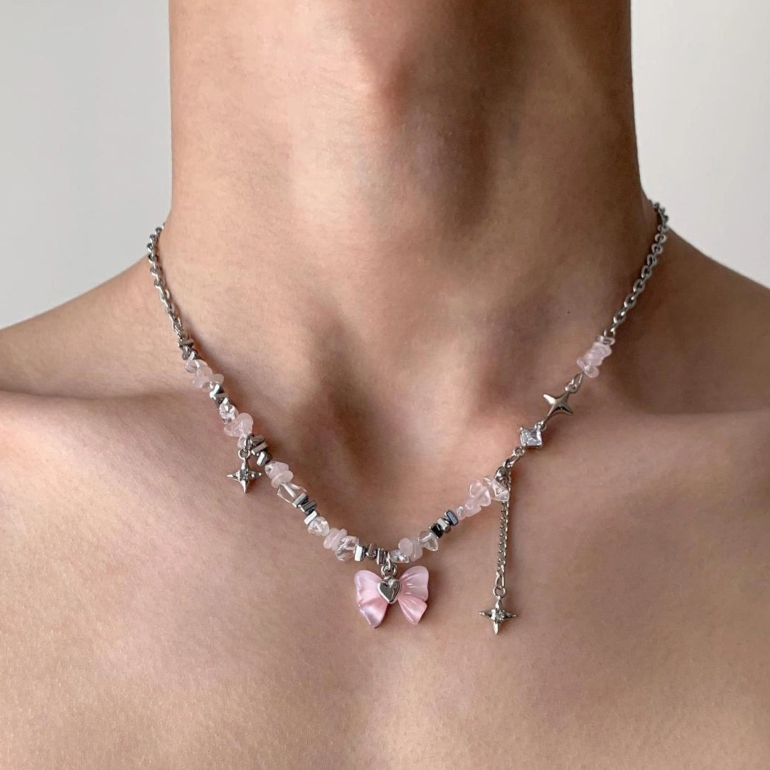 Accessories Pink Bow Fringe Beaded Choker Necklace