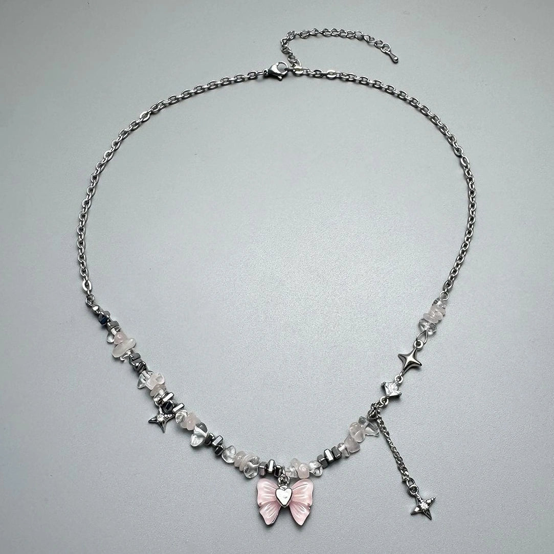 Accessories Pink Bow Fringe Beaded Choker Necklace