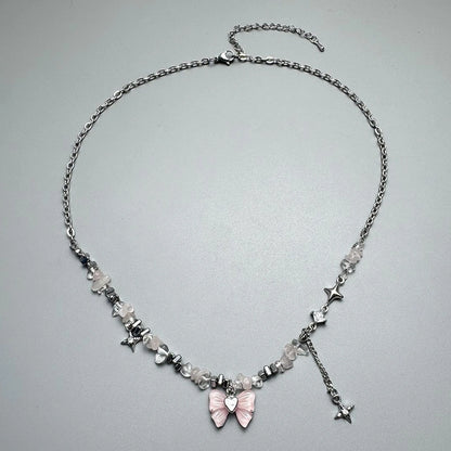 Accessories Pink Bow Fringe Beaded Choker Necklace