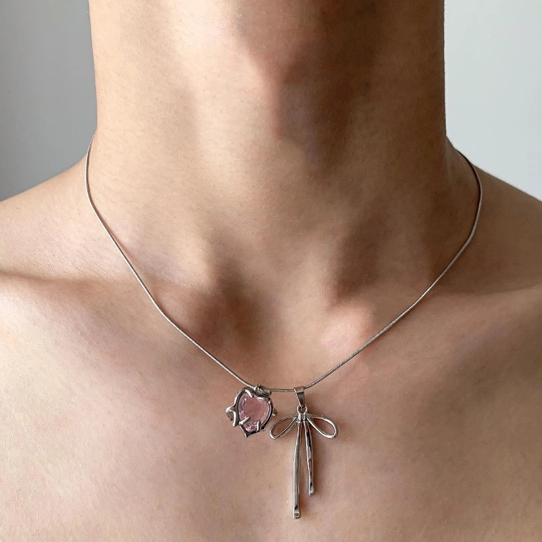 Accessories Pink Bow Heart Pendant Necklace
