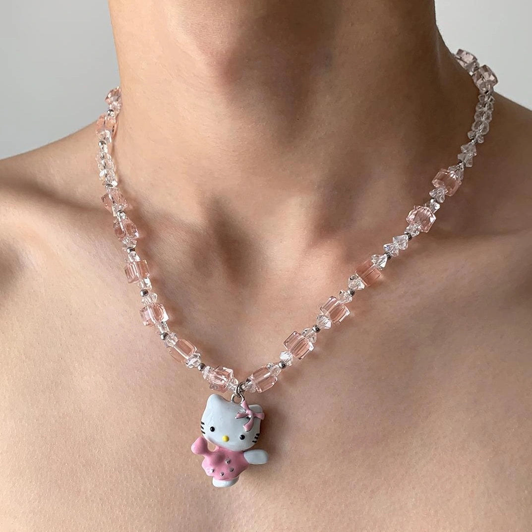 Accessories Pink Crystal Hello Kitty Beaded Pendant Necklace