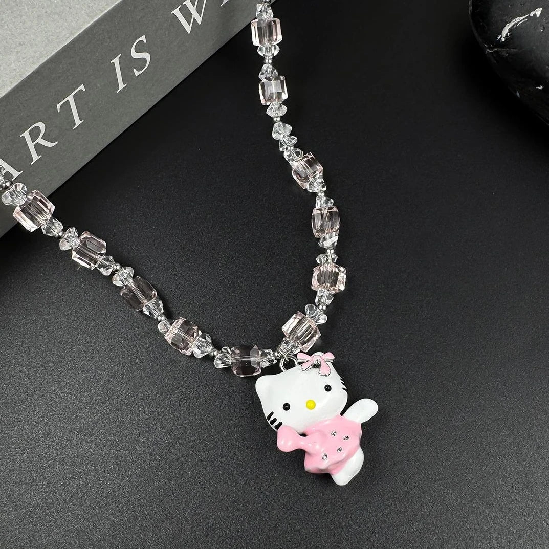 Accessories Pink Crystal Hello Kitty Beaded Pendant Necklace