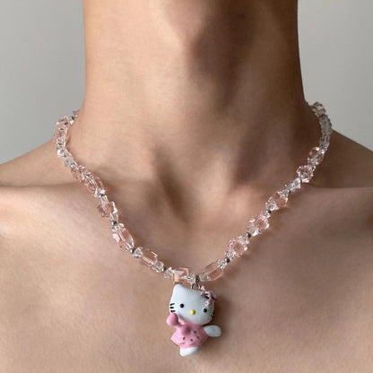 Accessories Pink Crystal Hello Kitty Beaded Pendant Necklace