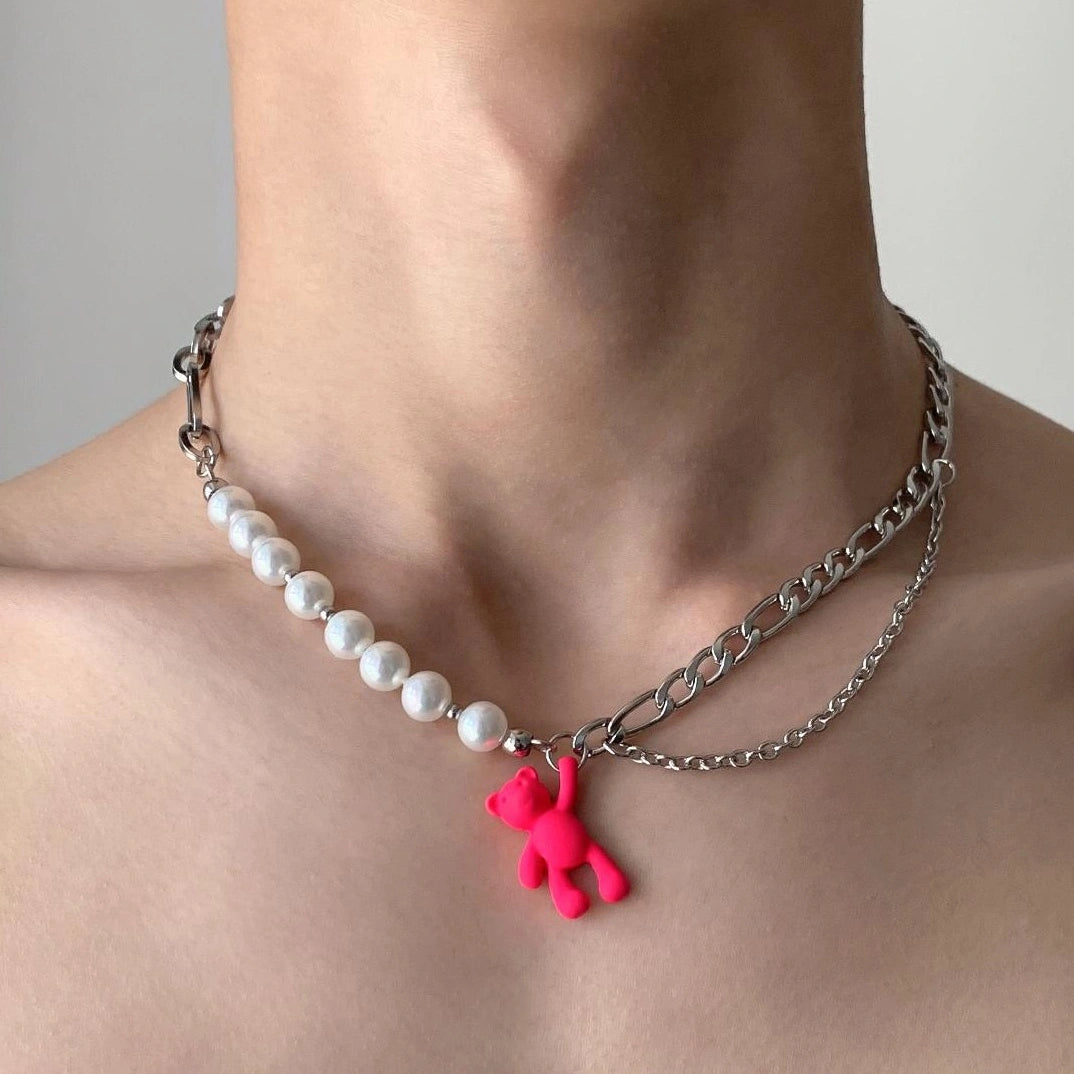 Accessories Pink Dopamine Bear Pearl Choker Necklace