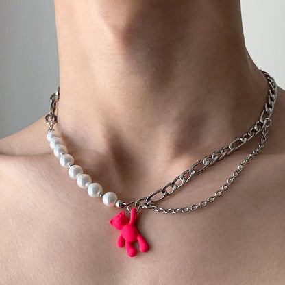 Accessories Pink Dopamine Bear Pearl Choker Necklace