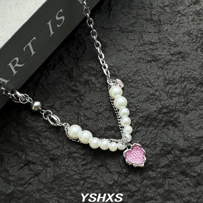 Accessories Pink Heart Pearl Pendant Necklace