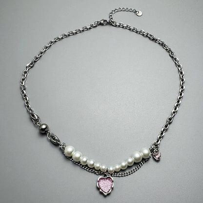 Accessories Pink Heart Pearl Pendant Necklace