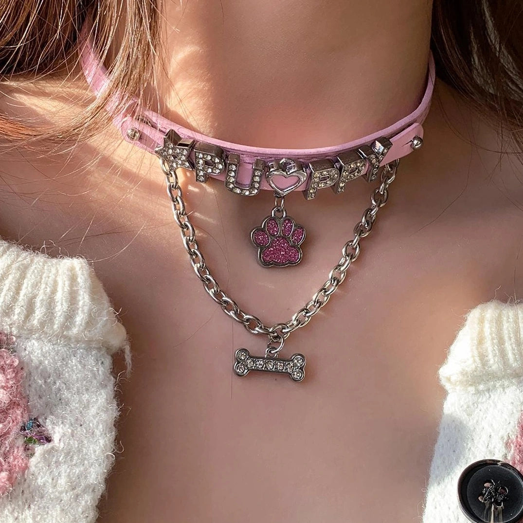 Accessories Pink Paw Print Bone Pendant Leather Choker