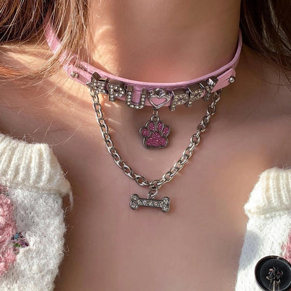 Accessories Pink Paw Print Bone Pendant Leather Choker