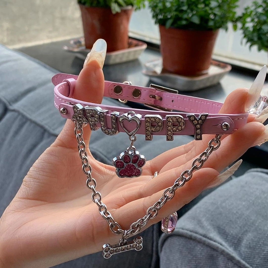 Accessories Pink Paw Print Bone Pendant Leather Choker