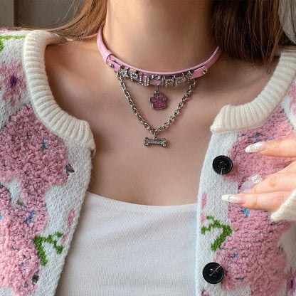Accessories Pink Paw Print Bone Pendant Leather Choker