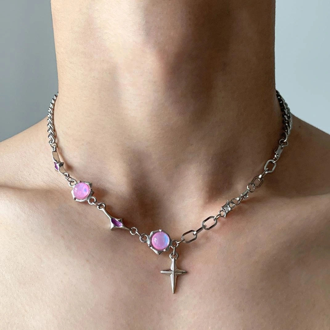 Accessories Pink Rhinestone Four Pointed Star Layered Necklace