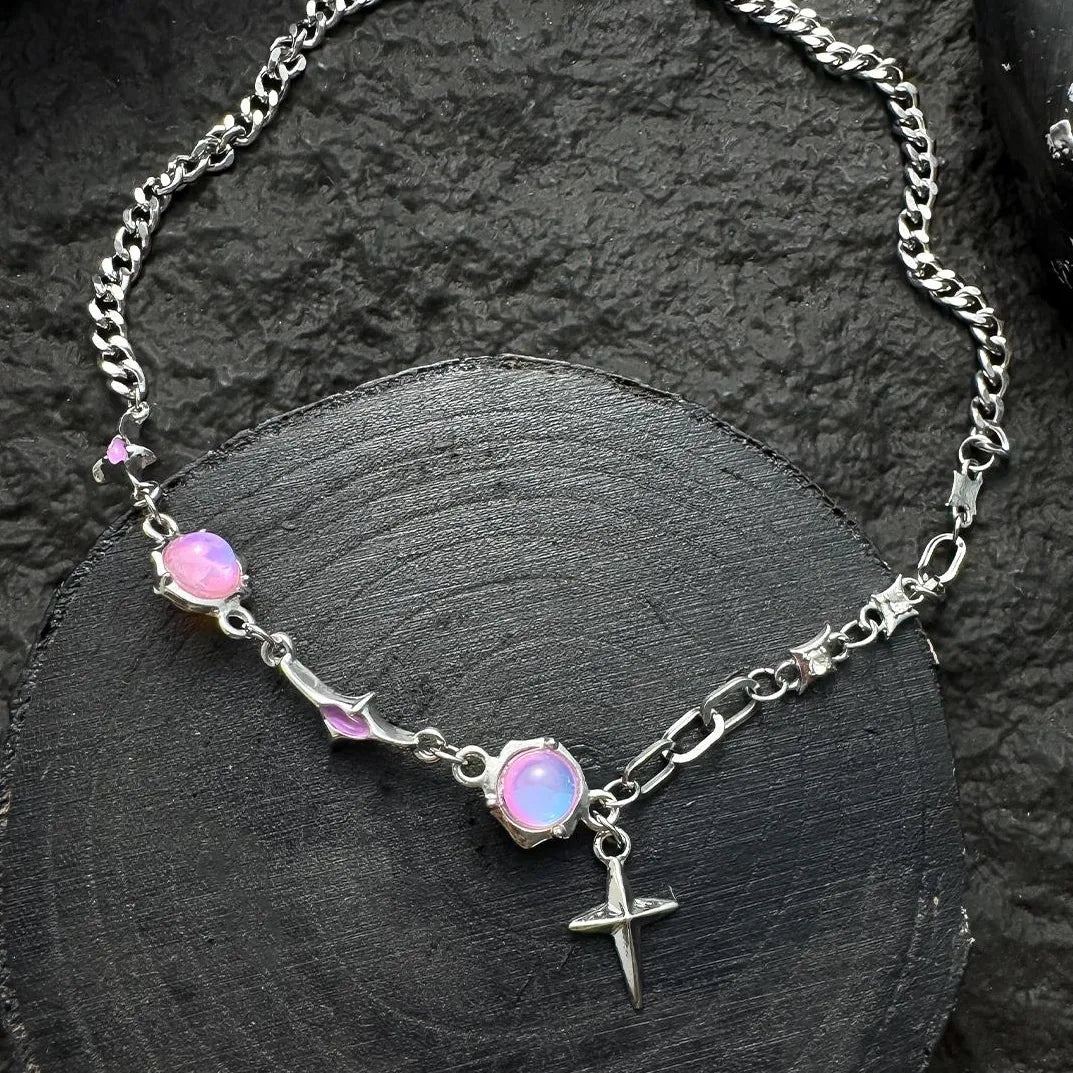 Accessories Pink Rhinestone Four Pointed Star Layered Necklace