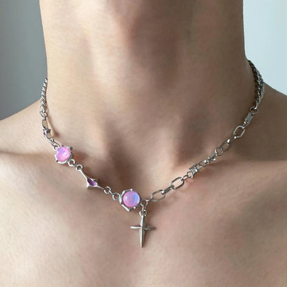 Accessories Pink Rhinestone Four Pointed Star Layered Necklace