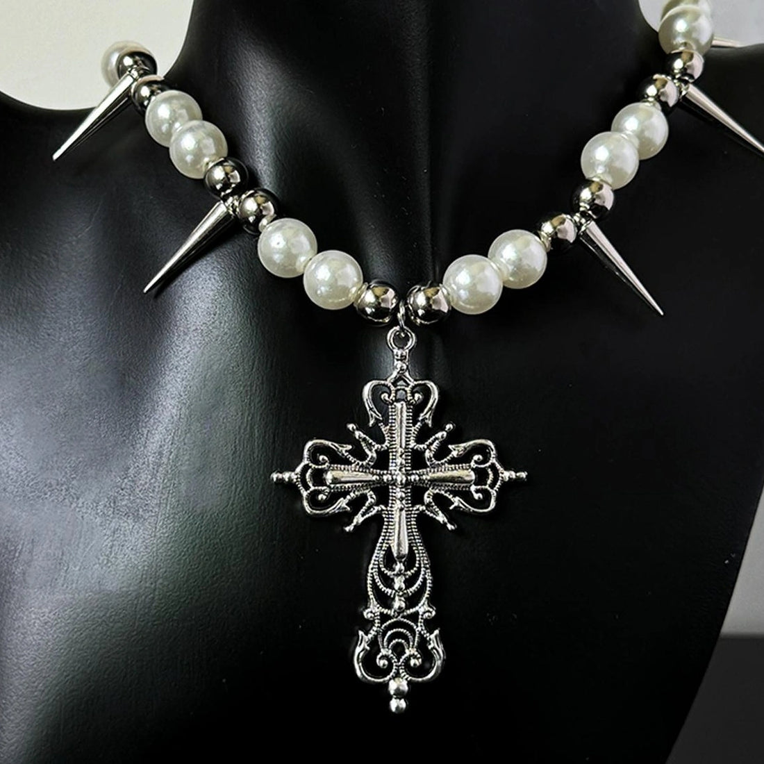 Accessories Punk Cross Pearl Rivet Choker Necklace