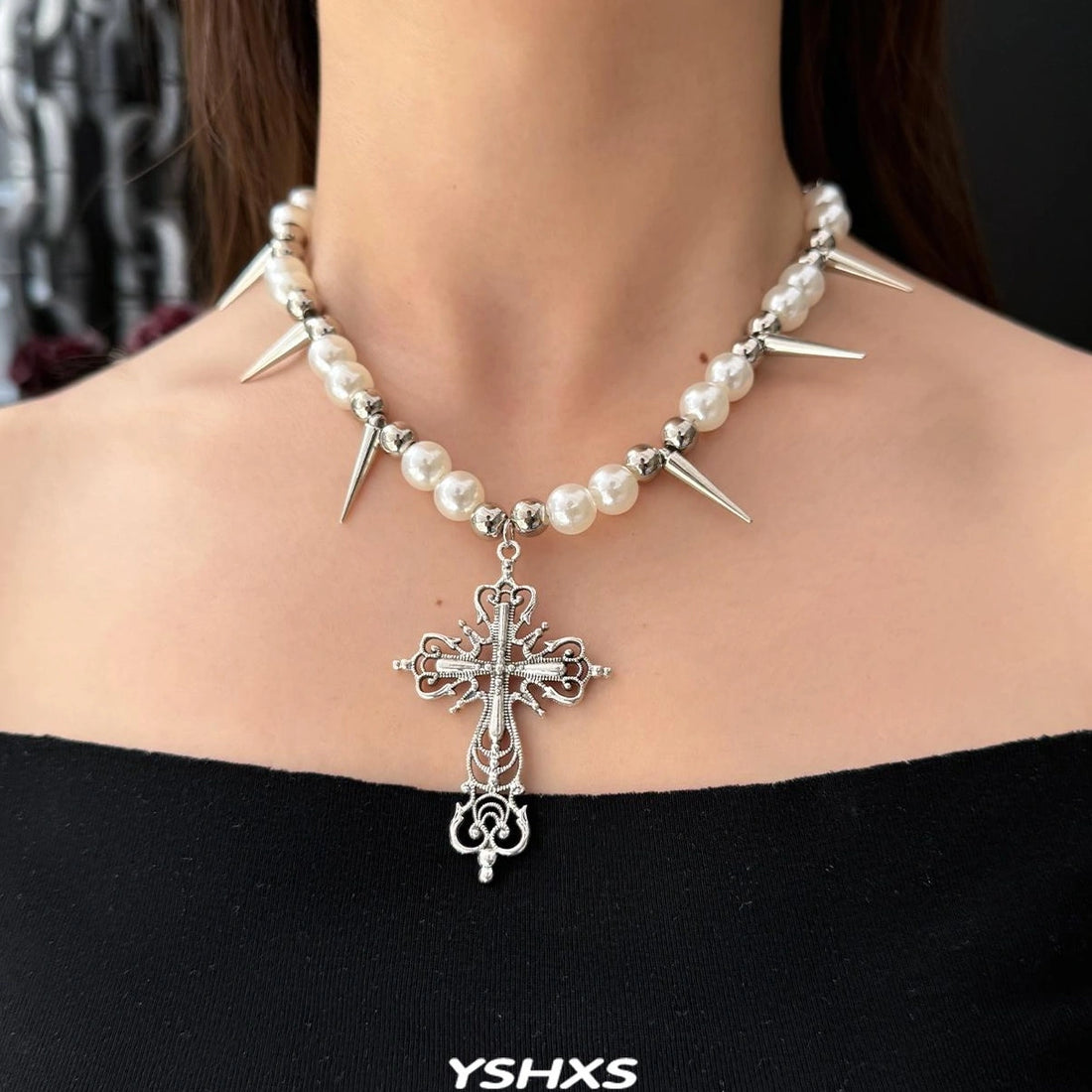 Accessories Punk Cross Pearl Rivet Choker Necklace