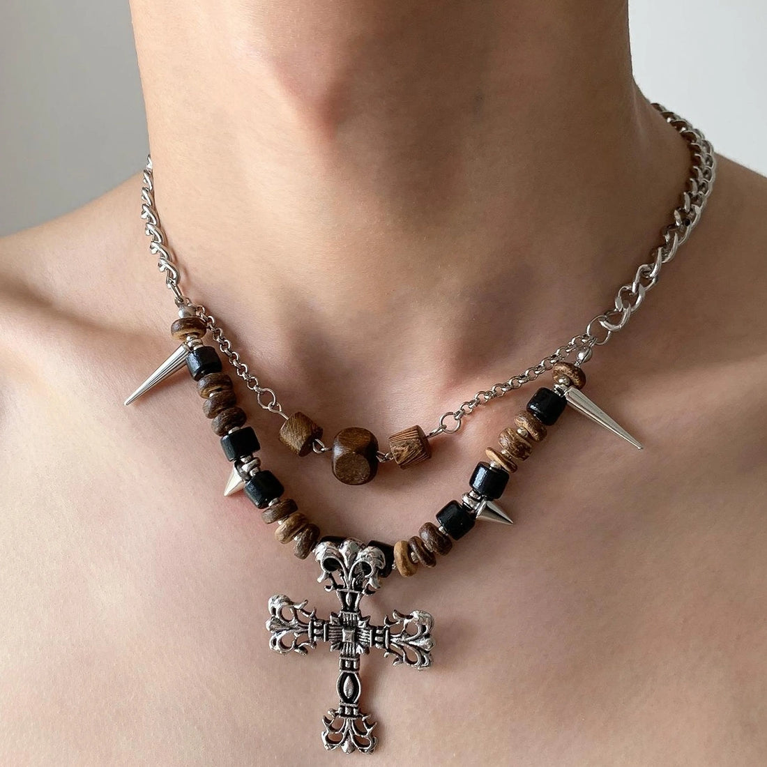Accessories Punk Wood Bead Rivet Cross Pendant Necklace