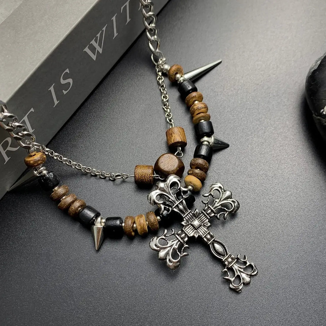 Accessories Punk Wood Bead Rivet Cross Pendant Necklace