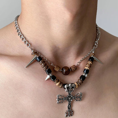 Accessories Punk Wood Bead Rivet Cross Pendant Necklace