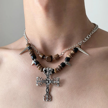 Accessories Punk Wood Bead Rivet Cross Pendant Necklace