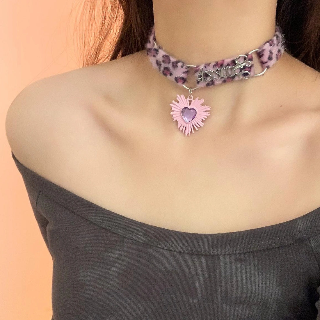 Accessories Purple Leopard Heart Choker Necklace