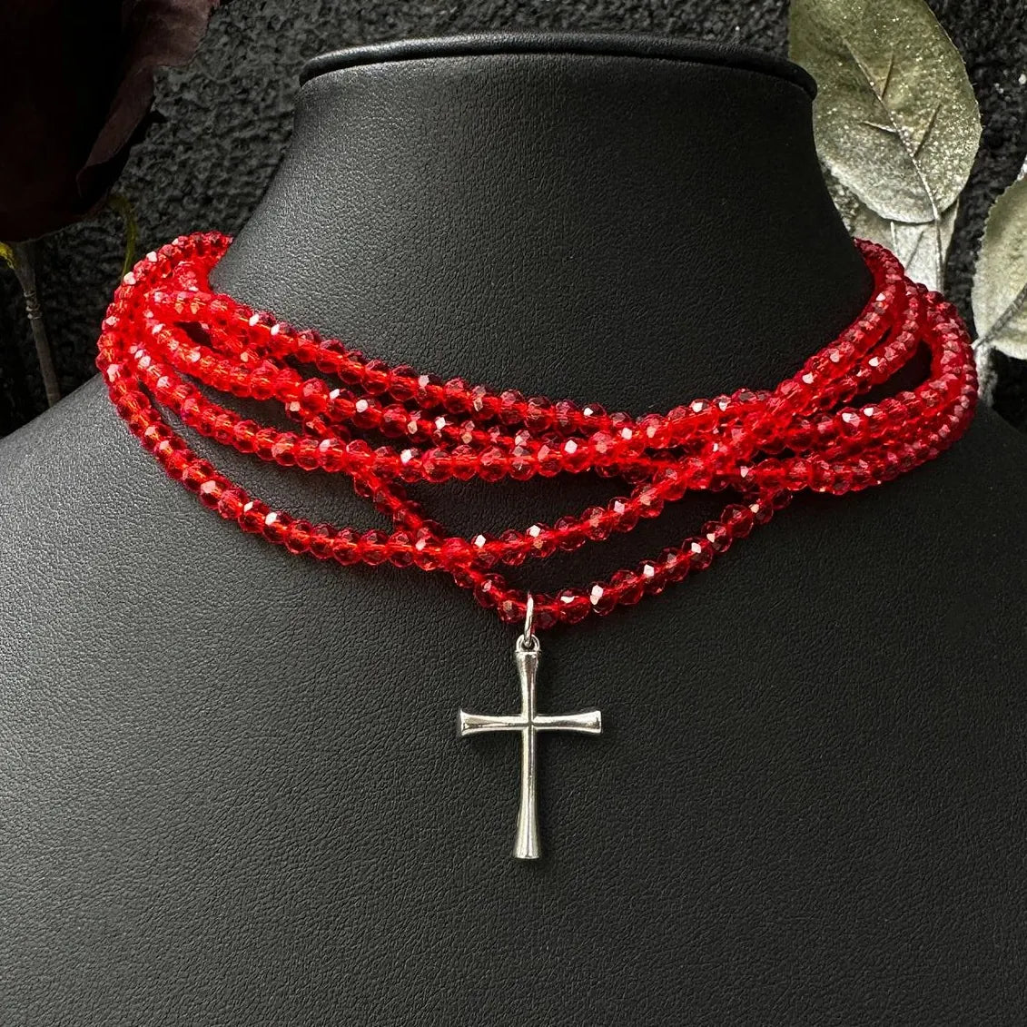 Accessories Red Beaded Cross Choker Multi Layer Statement Necklace
