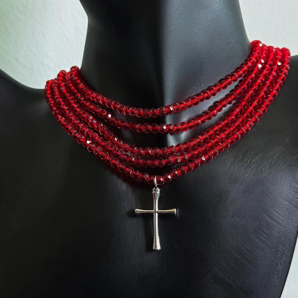 Accessories Red Beaded Cross Choker Multi Layer Statement Necklace