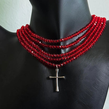 Accessories Red Beaded Cross Choker Multi Layer Statement Necklace