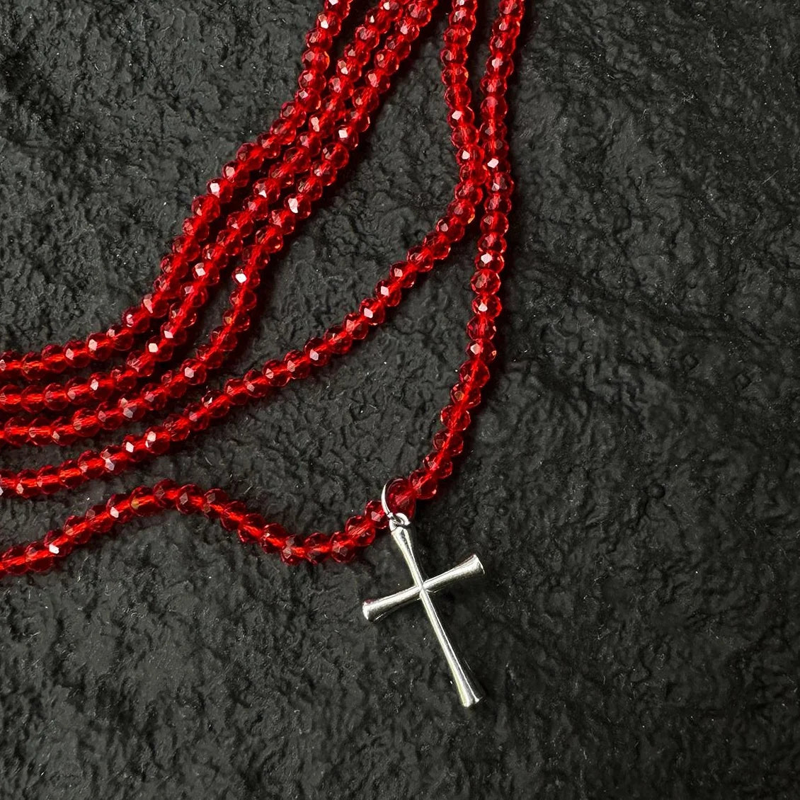 Accessories Red Beaded Cross Choker Multi Layer Statement Necklace